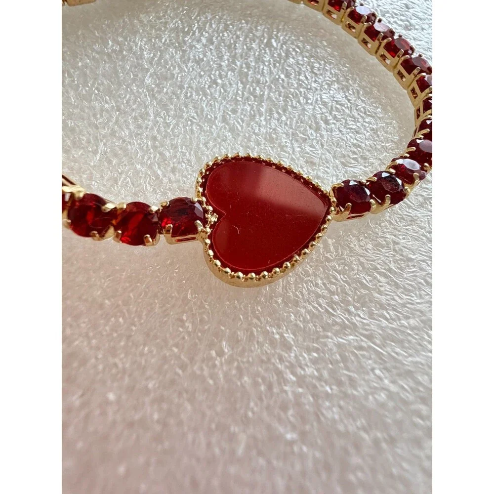 Gold Tone Red Glass Crystal Tennis Bracelet Enamel Heart Charm Accent